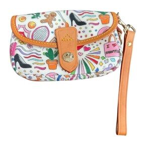 Dooney & Bourke Whimsy Flap Wristlet Cartoon Style Coated Canvas Leather Trim
